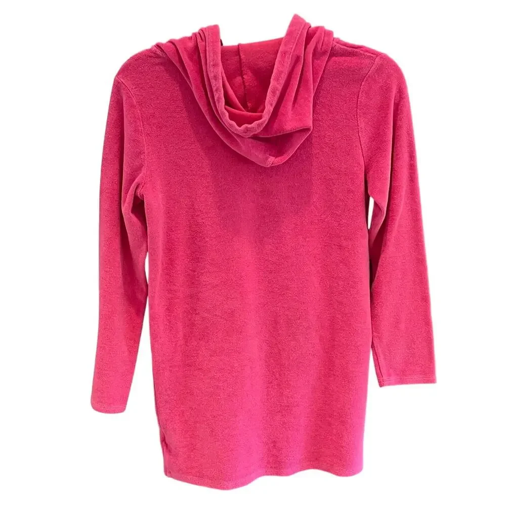 Lands' End Girls Pink Long Sleeve Hooded Terry Cloth Swim Cover-Up, Pockets, 14